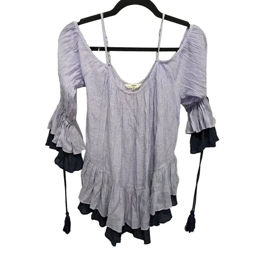 Entro Lavender and Navy 3/4 Bell Sleeves Pleated Cold Shoulder Women's Size Smal